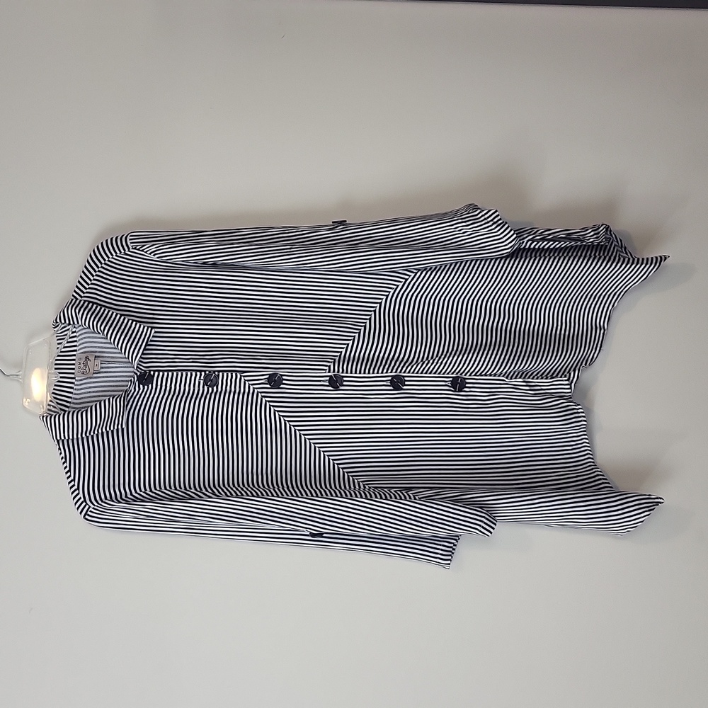 COMO VINTAGE Black White Stripe Lagenlook Roll-Tab Button Down Blouse